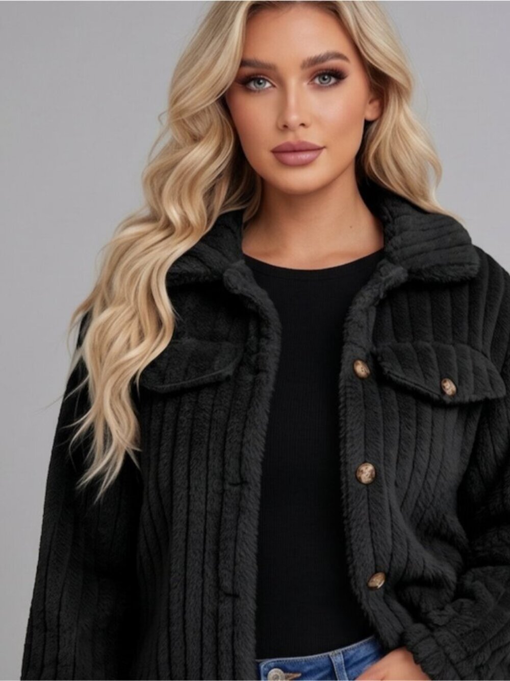 Teddy Front Button Long Sleeve Jacket Black